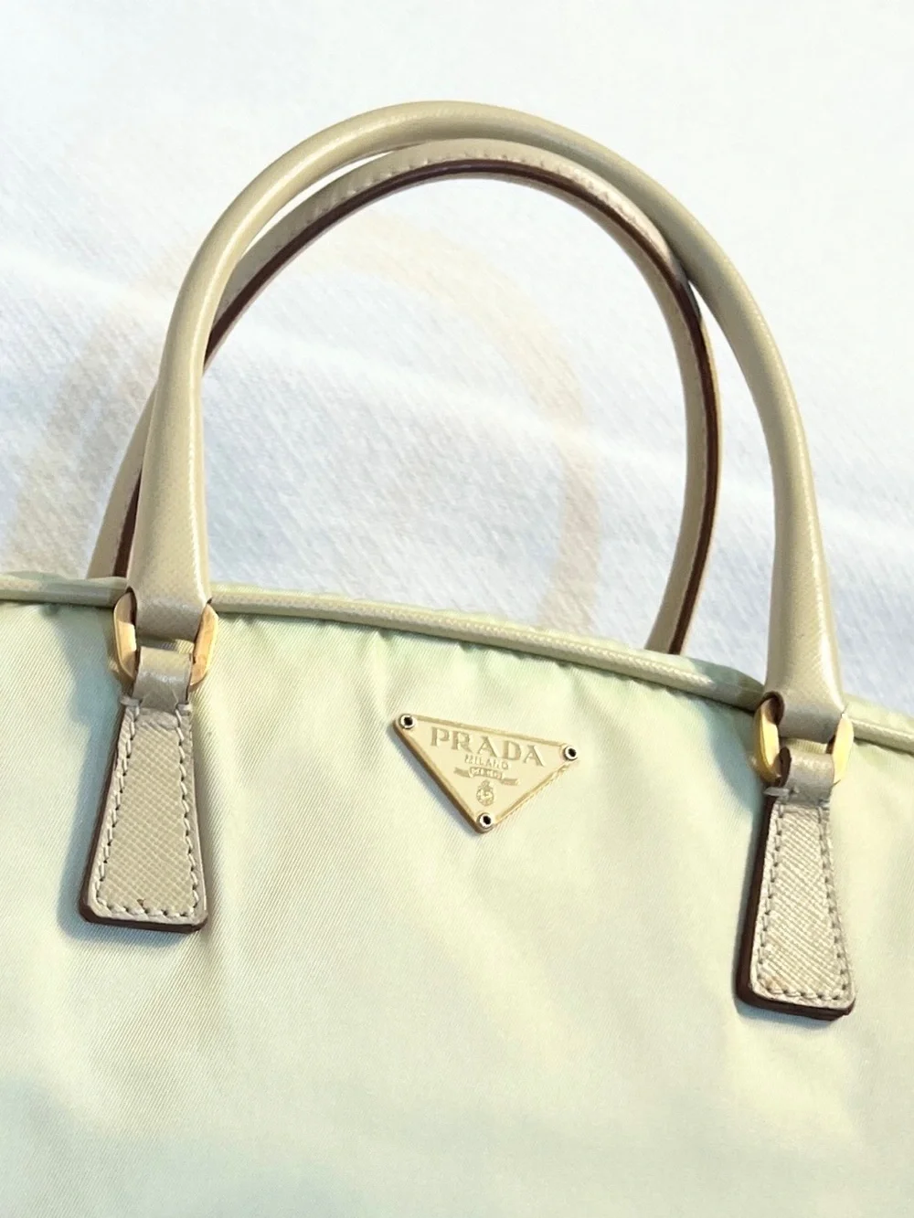 Prada⭐️Authentic Pale Yellow Nylon Top-Handle Gold hardware Hobo Bag